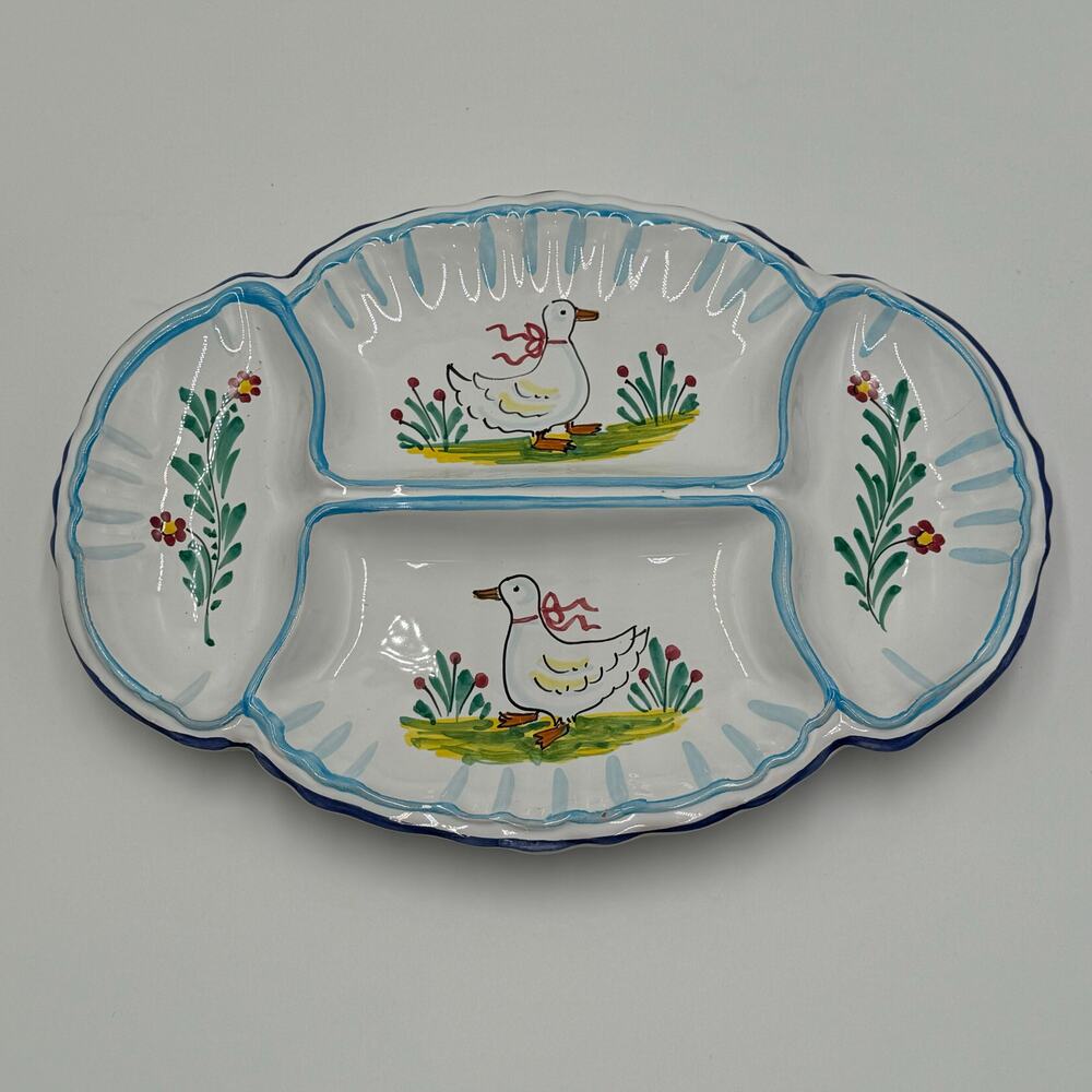 Deruta Italy Hand Painted Geese Divided Platter 13.5x9.5 Blue White